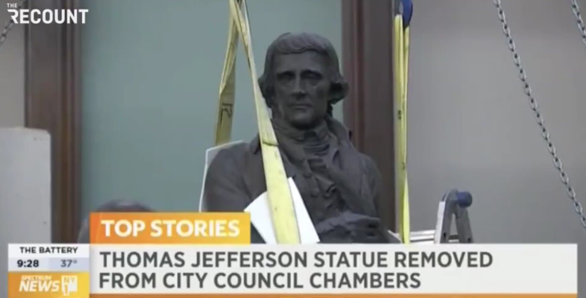 Statue of Thomas Jefferson Taken Down From Its Pedestal Inside of New York City Hall