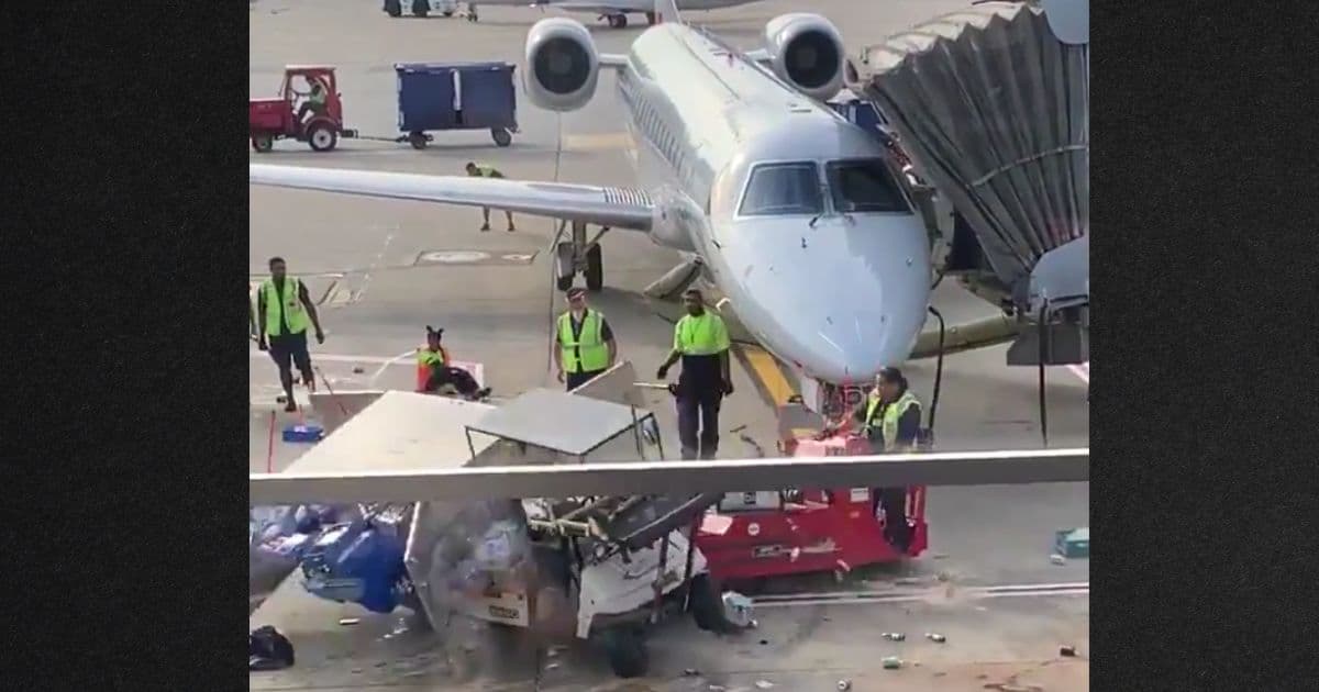 Out-of-Control Cart Threatens Plane Until Tarmac Worker on Tug Crumples It Like a Tin Can