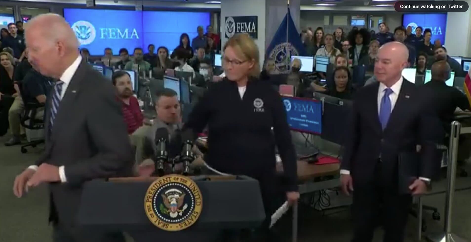 Watch: Biden Wanders Off Aimlessly As FEMA Director Tries to Get His Attention