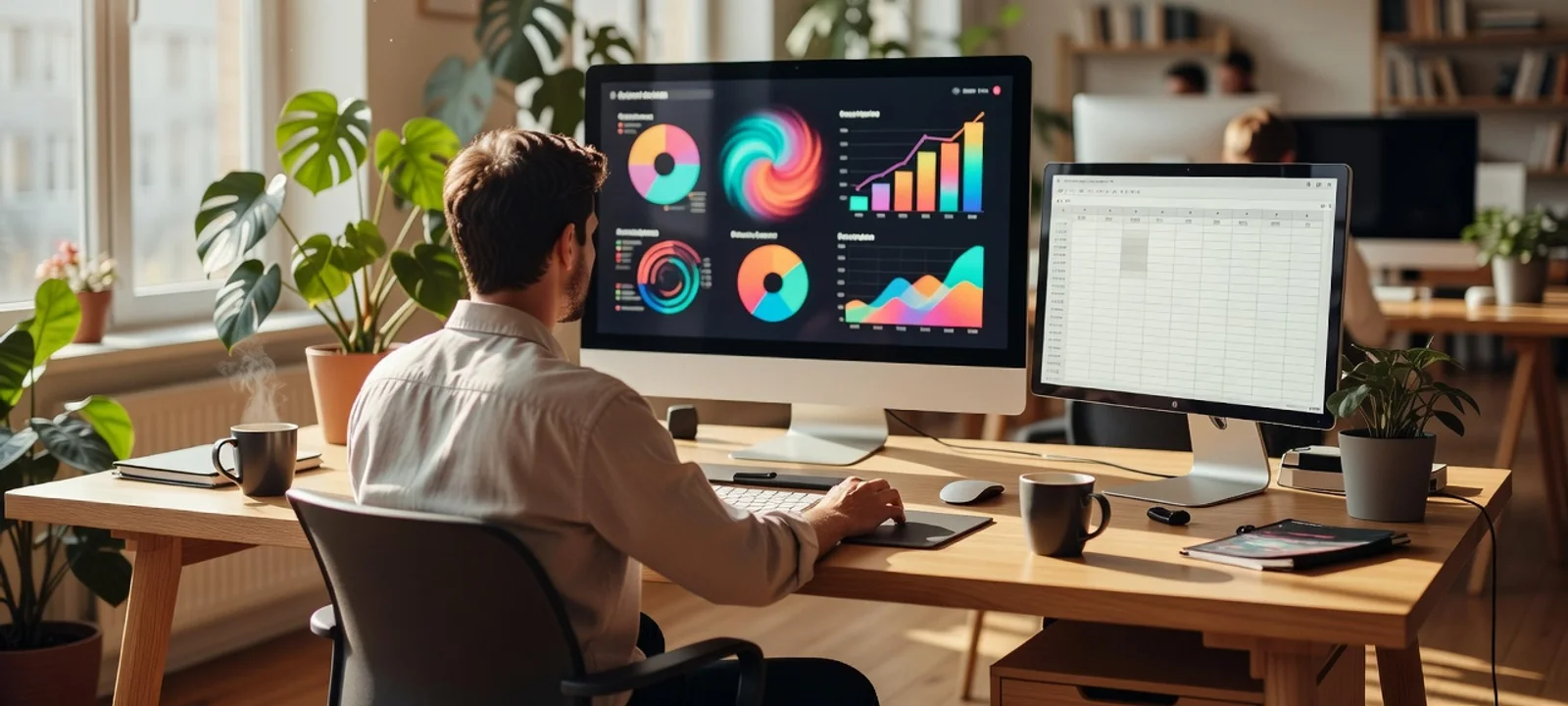 A bright studio desk with a colorful slide deck on one monitor and a clean spreadsheet on another