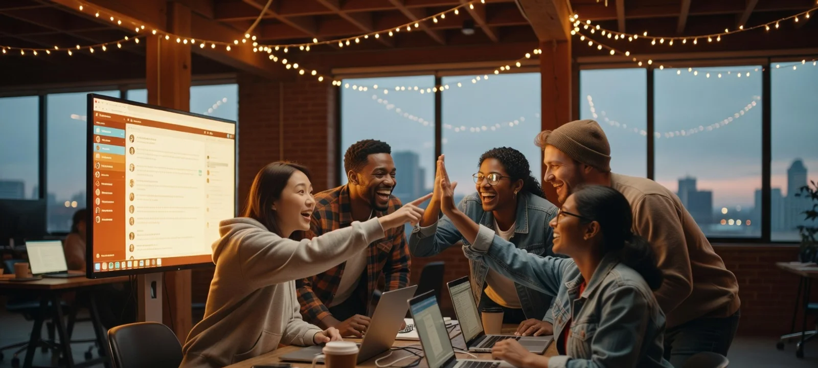 A startup team celebrating at dusk in a loft office beside a screen full of team channels