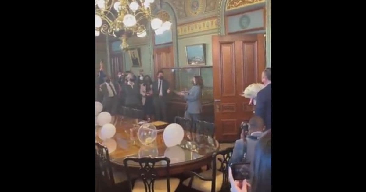 Masked Harris Shouts āSurpriseā Walking Into Her Own Surprise Party, Kisses Fully Vaxxed Masked Husband