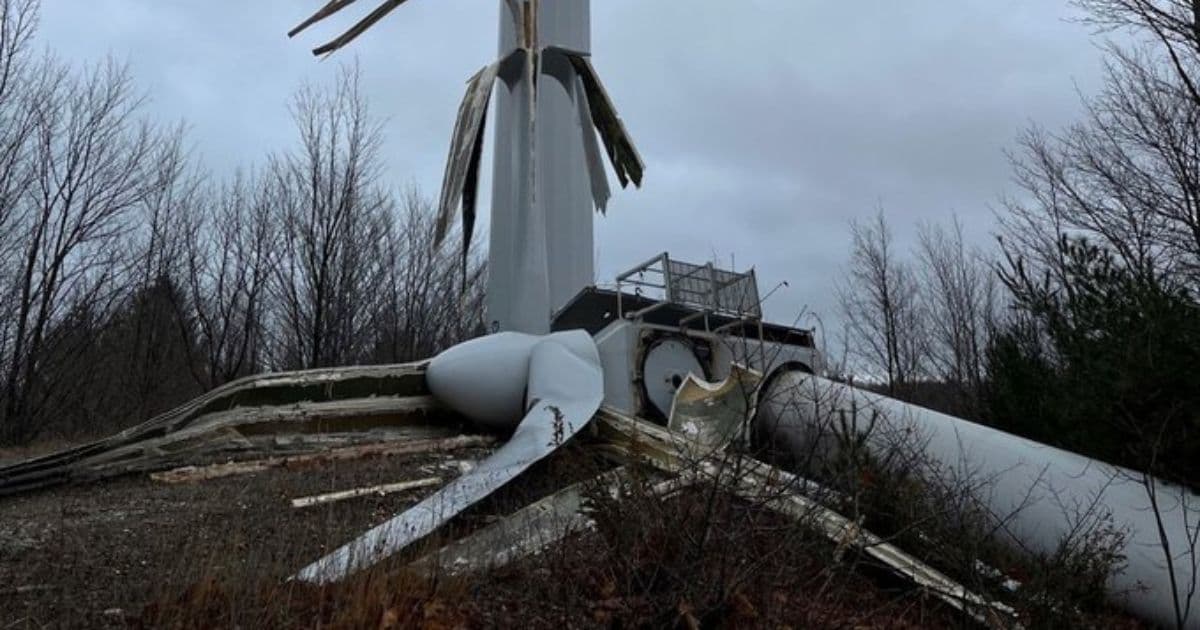 High Winds Cause Wind Turbine, Meant to Spin in Wind, to Spin Out of Control and Fall Down