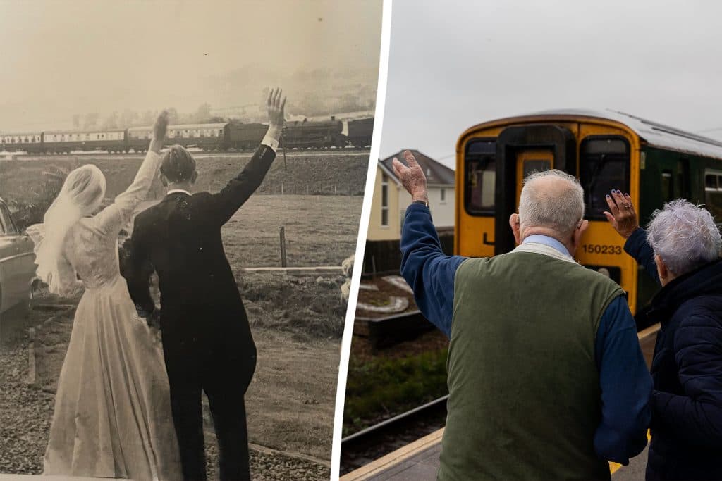 Couple Recreates 65-year-old Wedding Photo Waving At Passing Train In Hearty Anniversary Tradition
ā