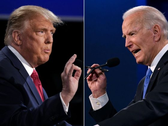 (COMBO) This combination of pictures created on October 22, 2020 shows US President Donald Trump (L) and Democratic Presidential candidate and former US Vice President Joe Biden during the final presidential debate at Belmont University in Nashville, Tennessee, on October 22, 2020.