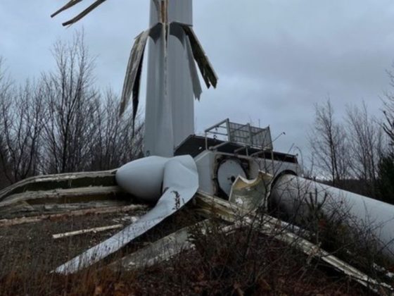 A wind turbine in Northport, Michigan, broke off and crashed to the ground after strong winds caused it to spin out of control.