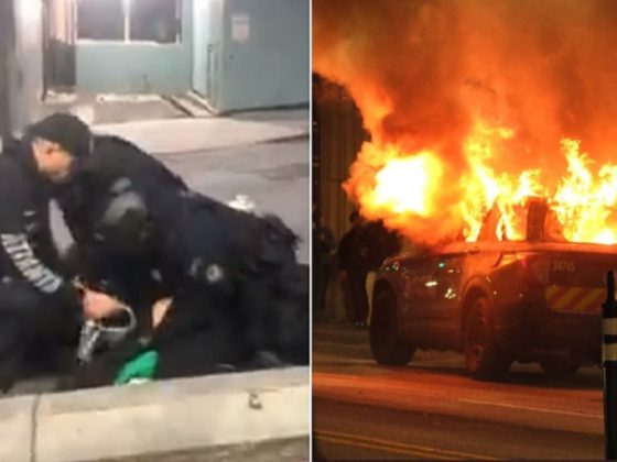 Atlanta police officers make an arrest during a confrontation Saturday, left; right, a law enforcement vehicle burns after being set alight by rioters.