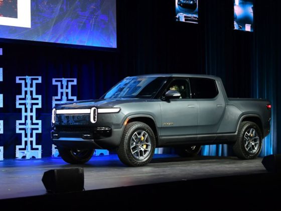 2022 Truck of the Year finalist Rivian R1T takes the stage at the 2021 LA Autoshow in Los Angeles, California on November 17, 2021. (Photo by FREDERIC J. BROWN / AFP) (Photo by FREDERIC J. BROWN/AFP via Getty Images)
