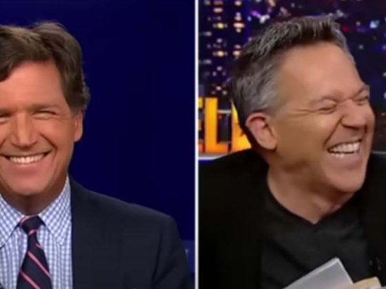 Fox News host Tucker Carlson, left, went on "Gutfeld!" and talked with host Greg Gutfeld, right, about the decline of late-night TV.