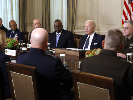 WASHINGTON, DC - OCTOBER 26: U.S. President Joe Biden gives remarks before the start of a meeting with leaders from the Department of Defense in the State Dining Room of the White House on October 26, 2022 in Washington, DC. Biden spoke on a range of topics including his new appointments to the heads U.S. Military branches and his hope that the military reflects the population of the United States. Biden was joined by Defense Secretary Lloyd Austin (fourth from left) and Chairman of the Joint Chiefs of Staff General Mark Milley (R). (Anna Moneymaker/Getty Images)