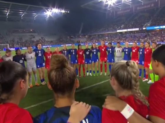 The U.S. and Canadian women's soccer teams joined together in a protest before a match in Orlando, Florida, on Thursday.