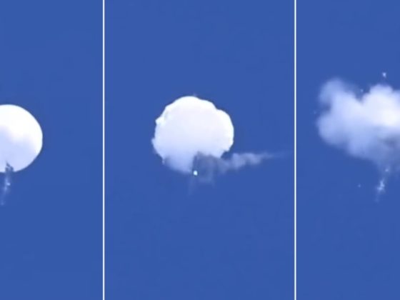 Video stills show the destruction of a Chinese balloon by a missille fired from an F-22 fighter plane.