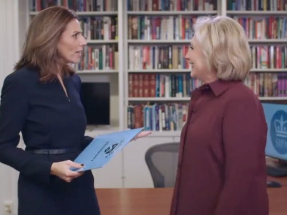 Columbia Univeristy Dean Keren YarhiMilo, left, and former Secretary of State Hillary Clinton act in a skit about a new class they will teach at Columbia University this fall.