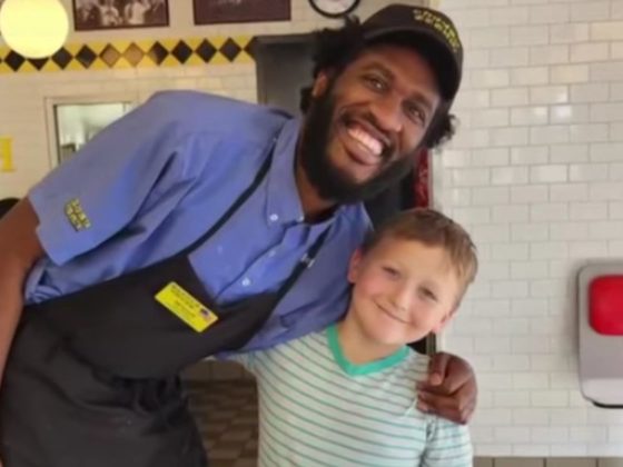 Eight-year-old Kayzen Hunter, left, started a GoFundMe for Devonte Gardner, right, his favorite Waffle House waiter who was going through a hard time.