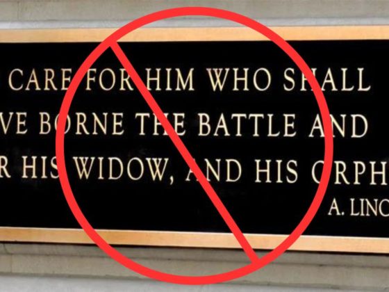 This altered image shows a quote from Abraham Lincoln on display at a Department of Veterans Affairs facility.