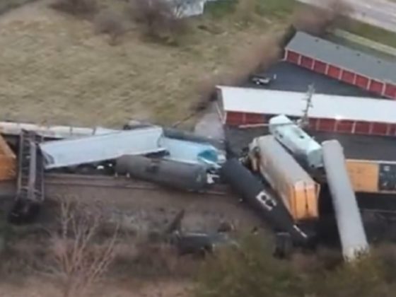 A view of of Saturday's train derailment in Springfield, Ohio, seen from the air.