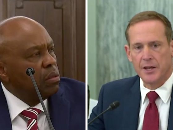 In these Twitter screen shots, Phil Washington (L) is questioned by Sen. Ted Budd (R).