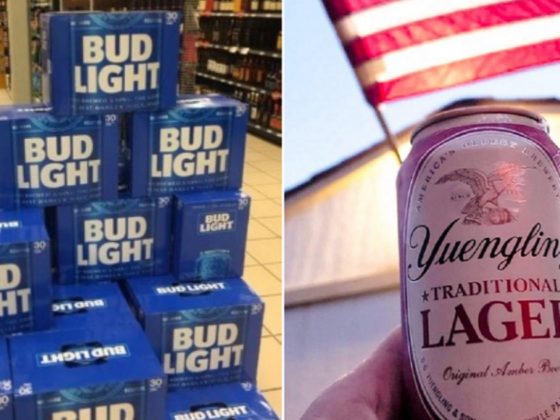 Cases of Bud Light stacked in a store, left; a can of Yuengling with an American flag in the background, right.