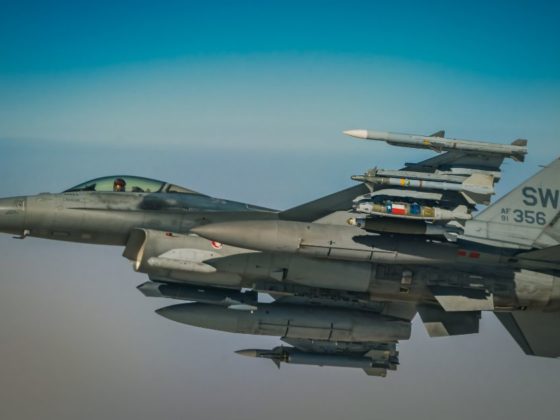An Air Force F-16 Fighting Falcon aircraft flies over the U.S. Air Force Central Command area of responsibility during a mission supporting Combined Joint Task Force-Operation Inherent Resolve on March 30, 2021.