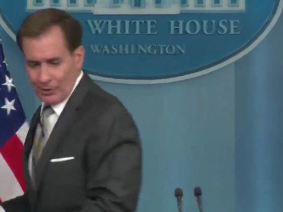 National Security Council spokesman John Kirby walks away from the White House briefing room podium after reporters persist in asking about Hunter Biden's actions and what Joe Bide