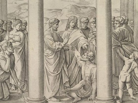 This illustration shows St. Peter and St. John healing a lame man at the entrance to the temple.