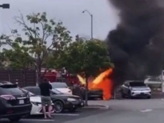 The Rivian caught fire at a charging station Monday in Mill Valley, California.