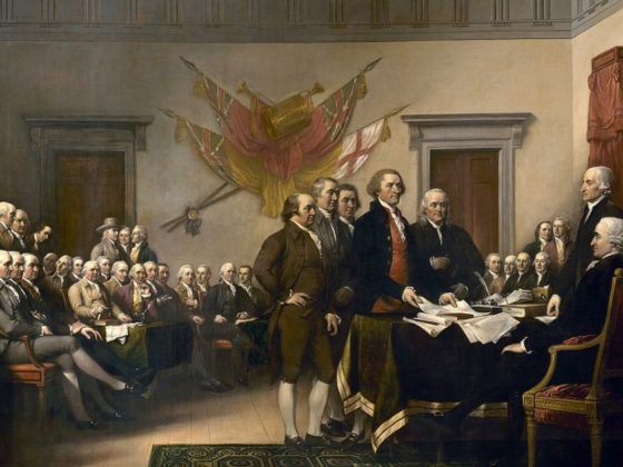 John Trumbull's painting, Declaration of Independence, depicting the five-man drafting committee of the Declaration of Independence presenting their work to Congress.