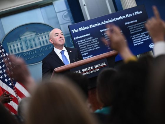 US Homeland Security Secretary Alejandro Mayorkas speaks during the daily press briefing in the James S Brady Press Briefing Room of the White House in Washington, DC, on May 11, 2023. (Photo by Brendan Smialowski / AFP) (Photo by BRENDAN SMIALOWSKI/AFP via Getty Images)