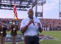NFL Hall of Fame Demarcus Ware sings the Star Spangled Banner at the Hall of Fame game at Tom Benson Hall of Fame Stadium in Canton, Ohio, on Thursday.