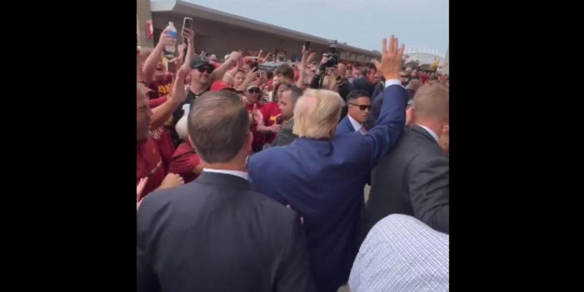 Former President Donald Trump arrives at Jack Trice Stadium for a football game between the University of Iowa and Iowa State University on Saturday.