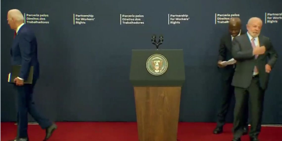 U.S. President Joe Biden, left, leaves a media briefing with Brazilian President Luiz Inácio Lula da Silva, right.