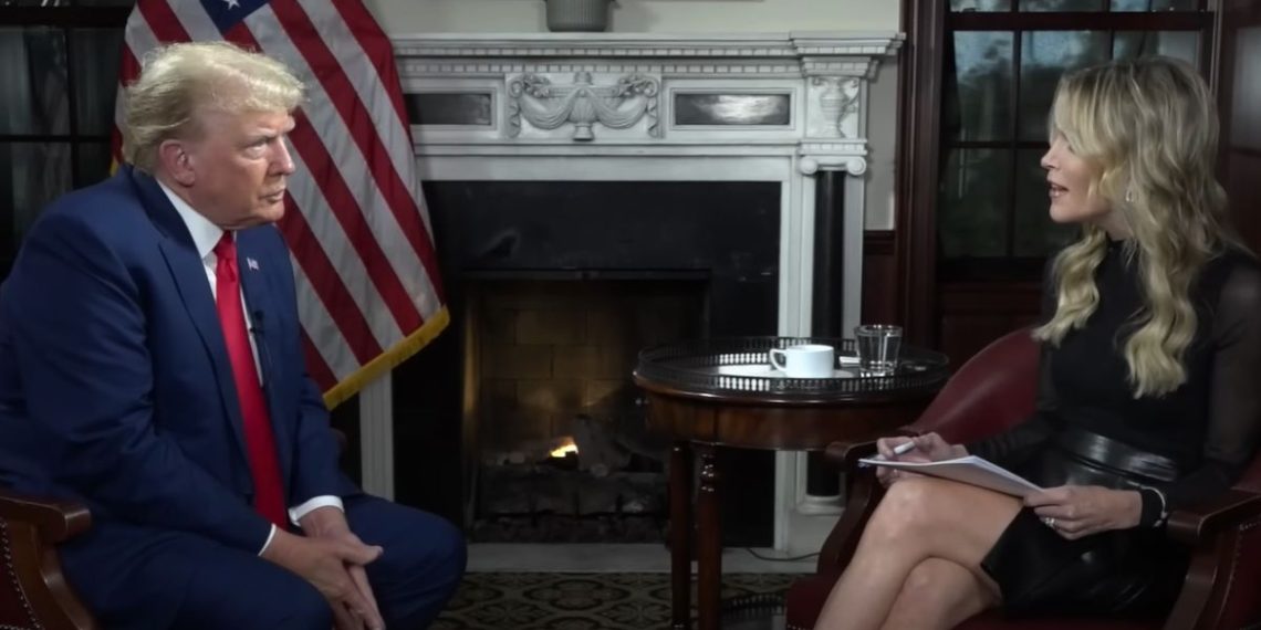 Former President Donald Trump, left, speaks to host Megyn Kelly.