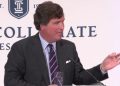 Tucker Carlson speaks on Thursday in Wilmington, Delaware.