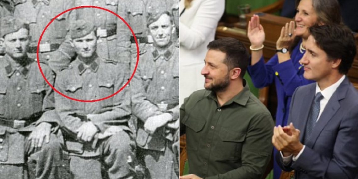 Left: Yaroslav Hunka in a World War II-era photo; right, Ukraine President Volodomyr Zelenskyy and Canadian Prime Minister Justin Trudeau.