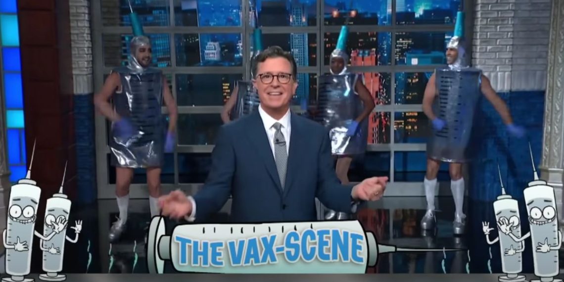 Late-night host Stephen Colbert dances in a "Vax-Scene" segment.