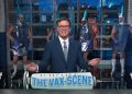 Late-night host Stephen Colbert dances in a "Vax-Scene" segment.