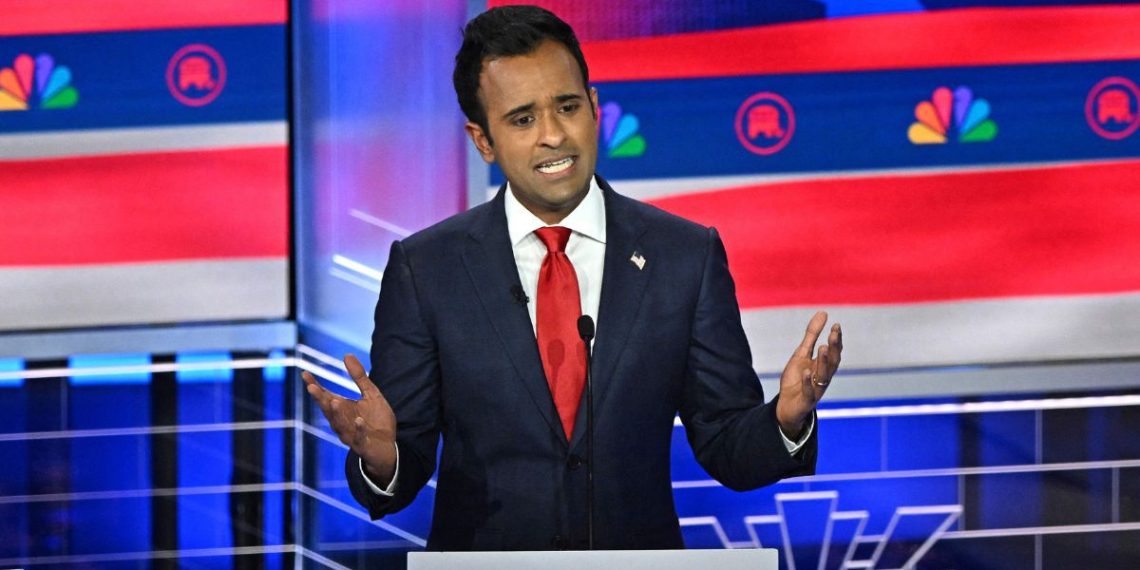 Republican president candidate Vivek Ramaswamy speaks during the third Republican primary debate in Miami, Florida, on Wednesday. Ramaswamy called fellow candidate Nikki Haley “Dick Cheney in three-inch heels.”