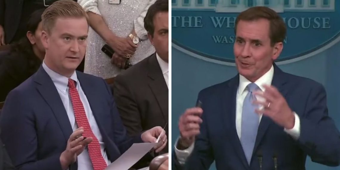 This Twitter screen shot shows Fox News reporter Peter Doocy (L) and White House National Security Council Coordinator for Strategic Relations John Kirby (R) at a briefing.