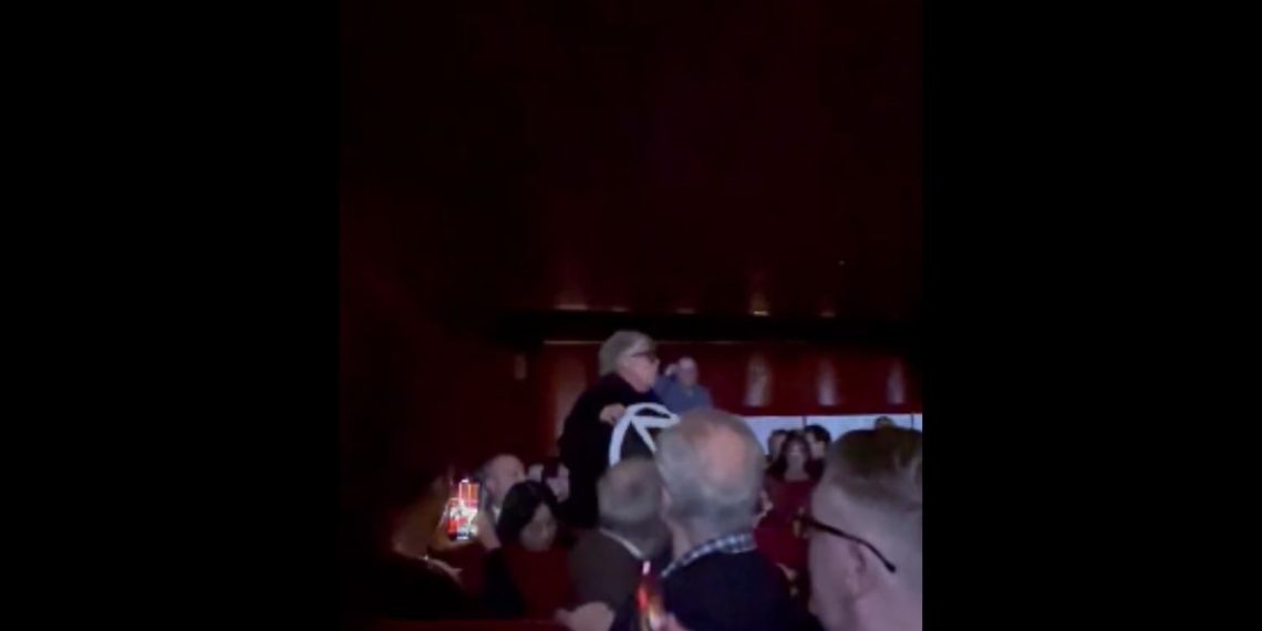 A protester is seen at the Metropolitan Opera in Manhattan, New York.