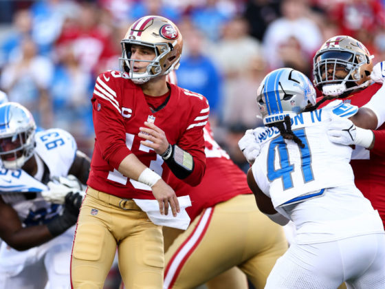 SANTA CLARA, CA - JANUARY 28: Brock Purdy #13 of the San Francisco 49ers throws a pass during the NFC Championship NFL football game against the Detroit Lions at Levi's Stadium on January 28, 2024 in Santa Clara, California. (Photo by Kevin Sabitus/Getty Images)