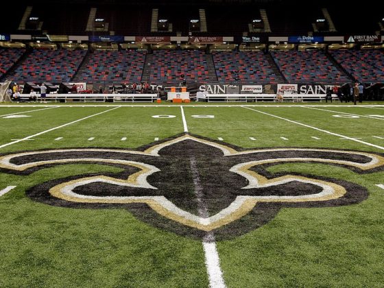 NEW ORLEANS - SEPTEMBER 25: An interior view of the field showing the New Orleans Saints logo, a fleur-de-lis, in the newly refurbished Superdome prior to the Monday Night Football game between the Atlanta Falcons and the New Orleans Saints on September 25, 2006 at the Superdome in New Orleans, Louisiana. Tonight's game marks the first time since Hurricane Katrina struck last August, that the Superdome, which served as a temporary shelter to thousands of stranded victims in the wake of Katrina, has played host to an NFL game. (Photo by Ronald Martinez/Getty Images)