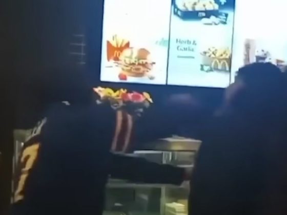 Two men got into a fight in a Truro, Nova Scotia, McDonald's after the man on the right began making a scene for not receiving Pokemon cards with the children's meals that he had ordered and the man in the middle stepped in.