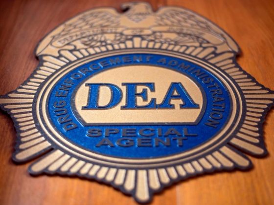 A logo reading DEA Special Agent is pictured in the Office of the US Drug Enforcement Administration (DEA) on May 29, 2019 in New York City. (Photo by Johannes EISELE / AFP) (Photo by JOHANNES EISELE/AFP via Getty Images)