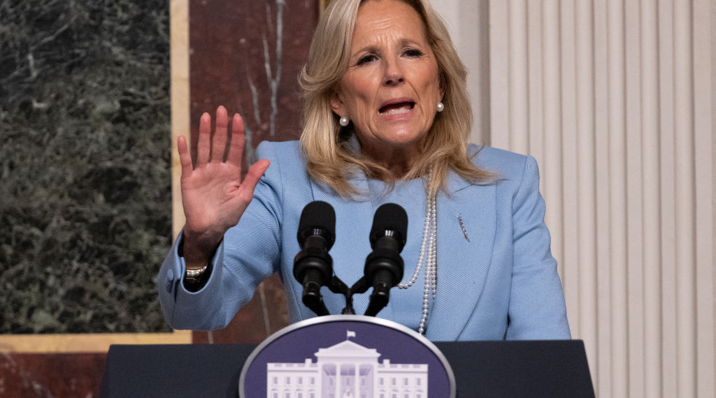 US First Lady Jill Biden speaks about gun violence prevention with K-12 principals in the Eisenhower Executive Office Building in Washington, DC, on January 25, 2024. (Photo by Jim WATSON / AFP) (Photo by JIM WATSON/AFP via Getty Images)