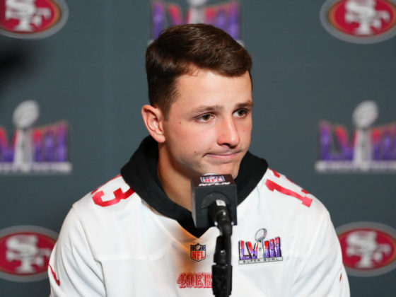 HENDERSON, NEVADA - FEBRUARY 06: Brock Purdy of the San Francisco 49ers speaks to the media during San Francisco 49ers media availability ahead of Super Bowl LVIII at Hilton Lake Las Vegas Resort and Spa on February 06, 2024 in Henderson, Nevada. (Photo by Chris Unger/Getty Images)