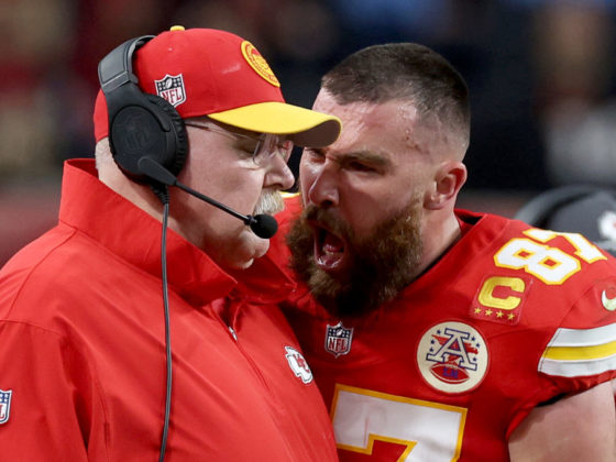 LAS VEGAS, NEVADA - FEBRUARY 11: Travis Kelce #87 of the Kansas City Chiefs reacts at Head coach Andy Reid in the first half against the San Francisco 49ers during Super Bowl LVIII at Allegiant Stadium on February 11, 2024 in Las Vegas, Nevada. (Photo by Jamie Squire/Getty Images)