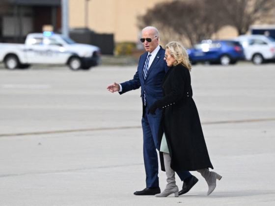 (L-R) US President Joe Biden walks with First Lady Jill Biden before he boards Air Force One at Joint Base Andrews in Maryland on February 16, 2024. Biden travels to East Palestine, Ohio, to visit the site of a train derailment which spilled hazardous material one year ago. The First Lady is travelling to Green Bay, Wisconsin and will visit the Rail Yard Innovation District. (Photo by Mandel NGAN / AFP) (Photo by MANDEL NGAN/AFP via Getty Images)