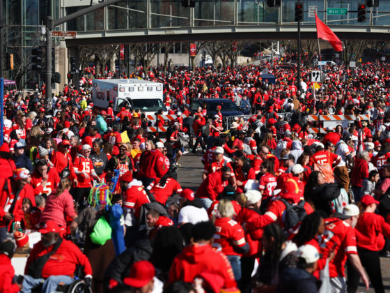 KANSAS CITY, MISSOURI - FEBRUARY 14: People leave the area following a shooting at Union Station during the Kansas City Chiefs Super Bowl LVIII victory parade on February 14, 2024 in Kansas City, Missouri. Several people were shot and two people were detained after a rally celebrating the Chiefs Super Bowl victory. (Photo by Jamie Squire/Getty Images)