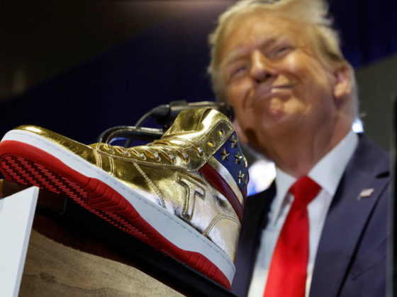 PHILADELPHIA, PENNSYLVANIA - FEBRUARY 17: Republican presidential candidate and former President Donald Trump delivers remarks while introducing a new line of signature shoes at Sneaker Con at the Philadelphia Convention Center on February 17, 2024 in Philadelphia, Pennsylvania. Sneaker Con was founded in 2009 and is one of the oldest events celebrating sneakers, streetwear and urban culture. Trump addressed the event one day after a judge ordered the former president to pay $354 million in his New York civil fraud trial. (Photo by Chip Somodevilla/Getty Images)