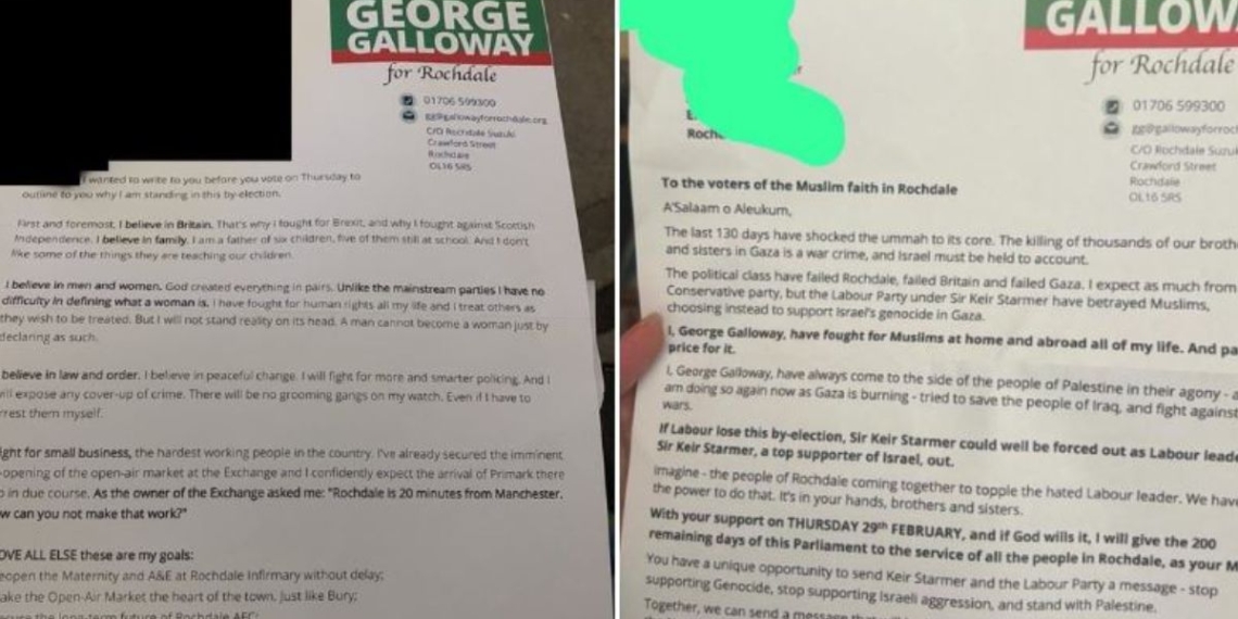 British far-left Parliamentary candidate George Galloway sent different letters to the White voters and Muslim voters in the town of Rochdale, and the letters have gone viral for all the wrong reasons.